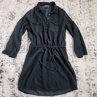 Gloria Vanderbilt Black Jean Shirt Dress Sz M Tie Waist Knee Length Rolltab Slv