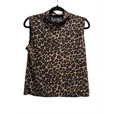 ACW Design Leopard Blouse MADE IN USA Women Print Mock Neck Sleeveless Brown M