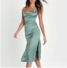 Lulus Total Stunner Sage Green Satin Jacquard Cowl Neck Midi Dress size XS NWT