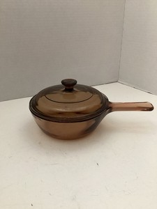 Corning Vtg MCM Visions Amber Glass Saucepan/Dbl Boiler Insert, Origin Lid .05 L