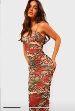 Boohoo - Women's Leopard Rose Print Mesh Ruched Strappy Maxi Dress - Size 10