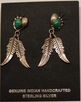 Vintage Sterling Silver Turquoise Feather Earrings New on Card Pierced Ears