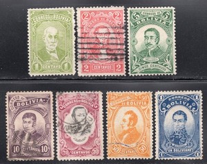 Bolivia 1897 Short Set of 7 Portraits, Scott 47-53 used, MNG & MH value = $43.00