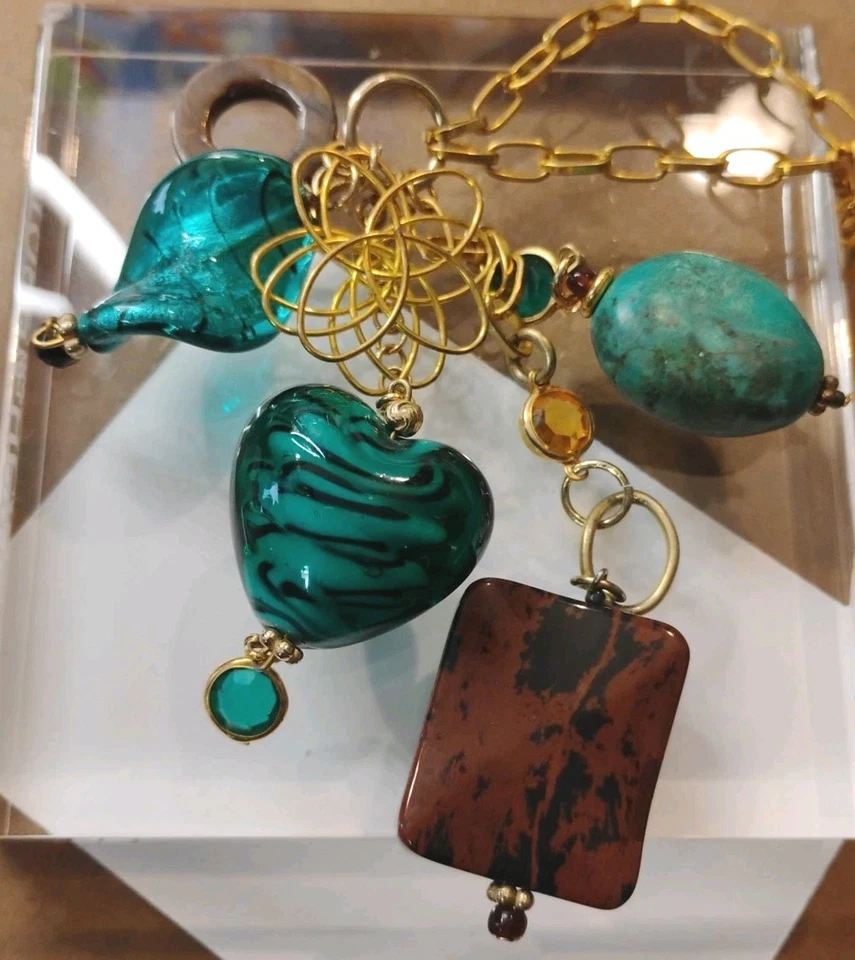 Chatelaine Style Multi Pendant (Art Glass Heart) Gold Tone 26" Chain Necklace! - Image 2 of 4