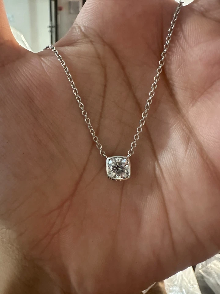 1.25ct Cushion Cut Moissanite Pendant Bezel Set Necklace 14K White Gold Trendy - Image 4 of 4