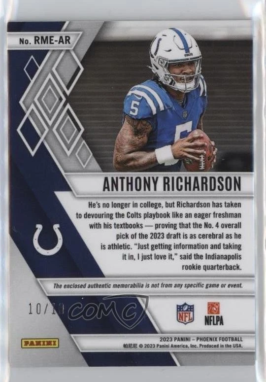 2023 Panini Phoenix Rookie Memorabilia Prime Green /10 Anthony Richardson RC - Image 2 of 2