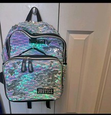 Brand New Justice Silver Sequin BackPack With Lunchbag Attached