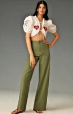 Anthropologie Maeve Colette Beachy Linen Full-Length Wide-Leg Pant MOSS TALL 27T