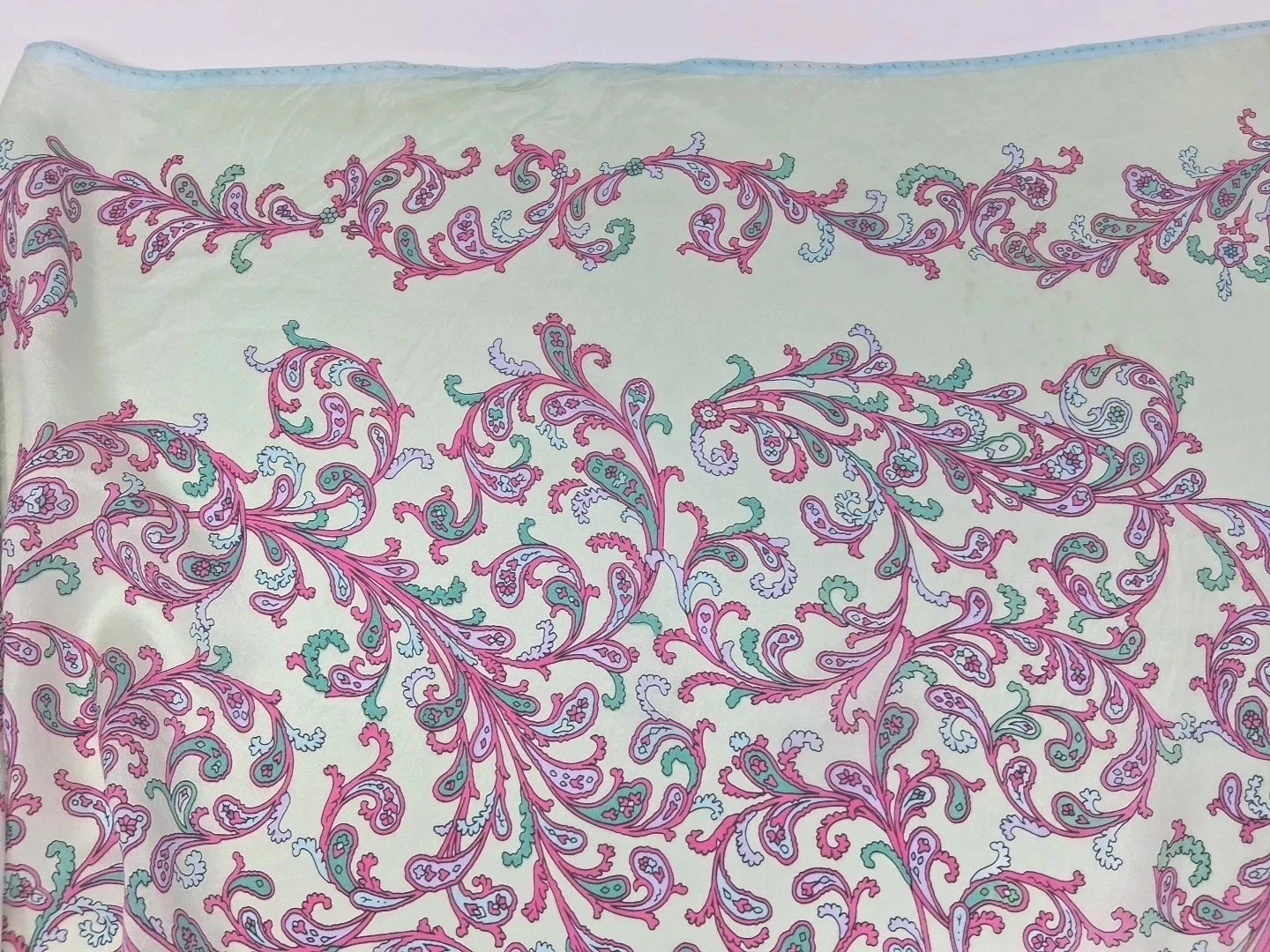 Sacha Vtg Silk Scarf Light Green Pink Paisley Hand Stitch Edge Square Japan 31"