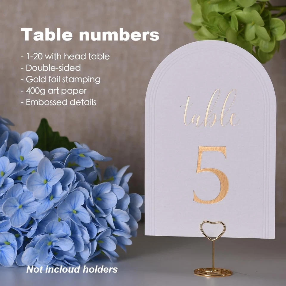 Números de mesa de arco de boda 1-20 + mesa principal, papel de arte blanco de 4x6 pulgadas, Foi dorado Foto 2 de 4