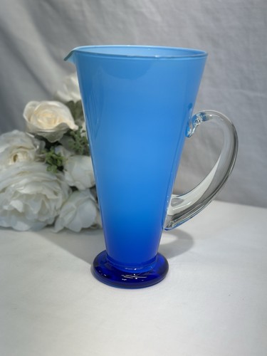 Vintage Gorgeous Italian Pitcher Blown Art Glass Ombré Blue Clear Handle 9.25”