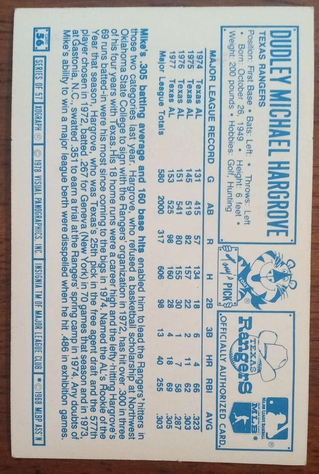 1978 Kellogg's 3-D Super Stars - #56 Mike Hargrove - Image 2 of 2