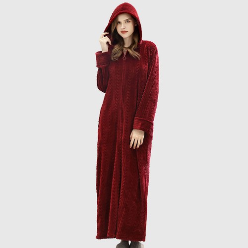 Women's Fuzzy Fleece Robe Hooded Zip Up Bathrobe Soft Warm Long Sleeve Housecoat - Picture 12 of 13