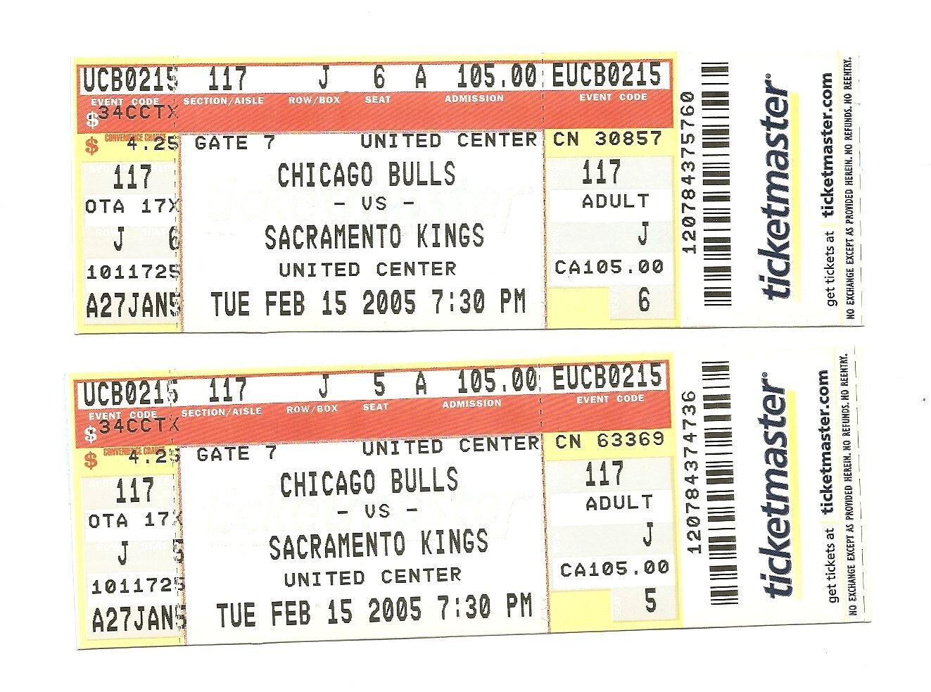 Chicago Bulls vs Sacramento Kings Unused Basketball Tickets February 15, 2005