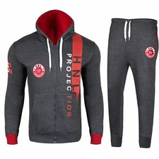 Mens Charcoal/Red Tracksuit HNL Print Hooded Fleece Zipped Top  Jogging Bottoms