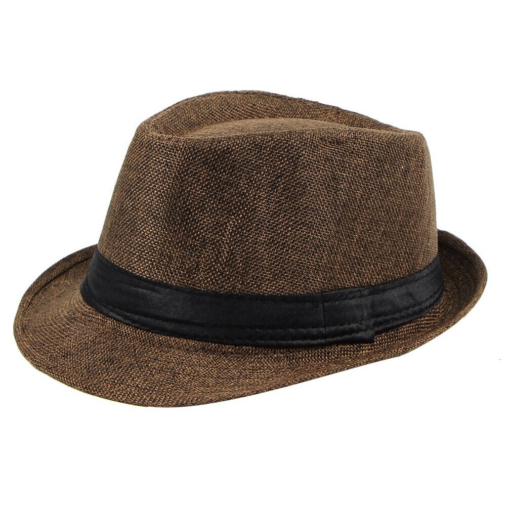 Men Women Brown Fedora Hat, Straw Trilby Cuban Sun Cap Panama