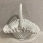 Vintage FENTON HOBNAIL WHITE MILK GLASS HANDLED BASKET With Ruffled Edge 8 1/2"