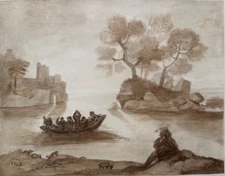 C34/35-DESSIN ORIGINAL-PASTEL-GARDEUR DES CHIENS-BARQUES ET PASSAGERS-1860