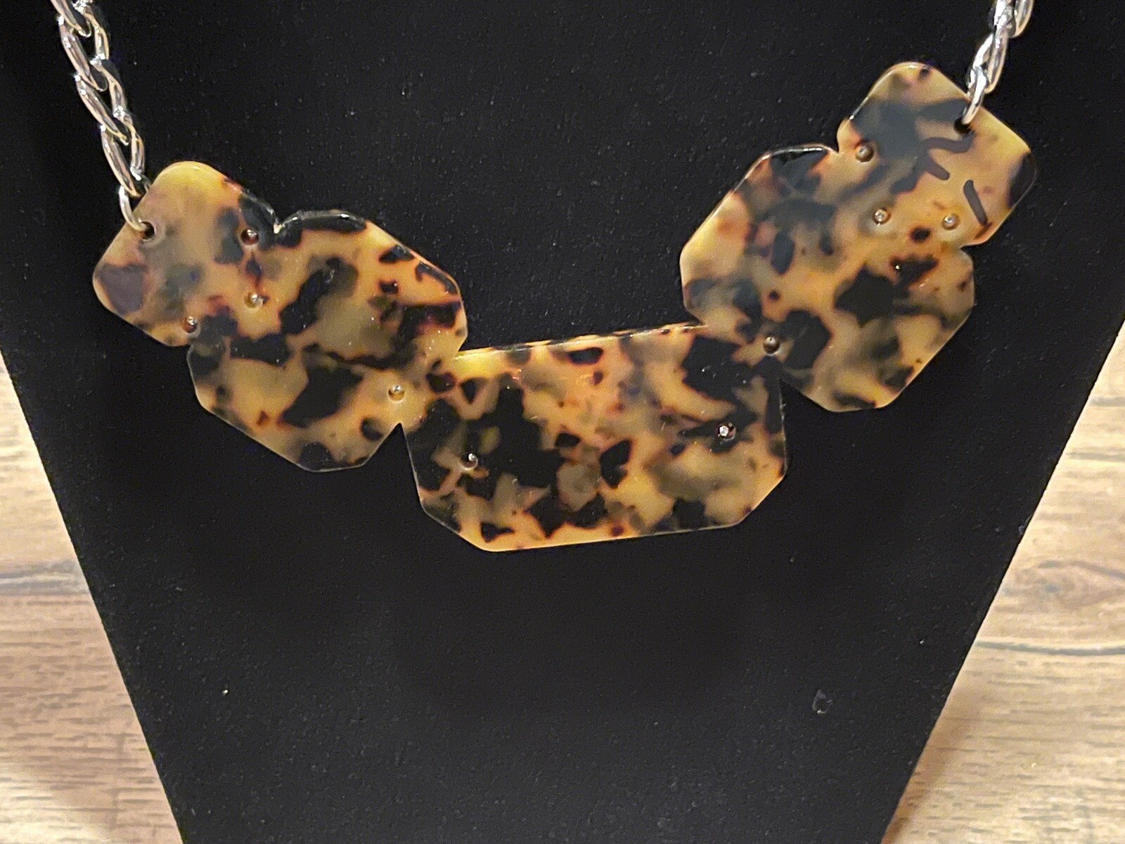 Faux Tortoise Shell & Crystal Statement Silver Ne… - image 4