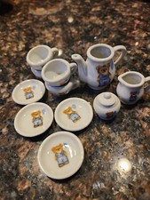 Vintage Miniature Toy Tea Set Teddy Bear Teapot Cup Saucers Sugar Creamer Japan