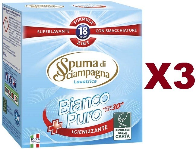 3 PZ SPUMA DI SCIAMPAGNA LAVATRICE IN POLVERE BIANCO PURO IGIENIZZANTE 1KG