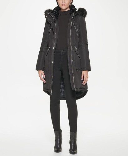 GUESS Anorak Parka Pocketed Coat Water Resistant Fur-Trim Collar Hood Size S NEW - Picture 2 of 5