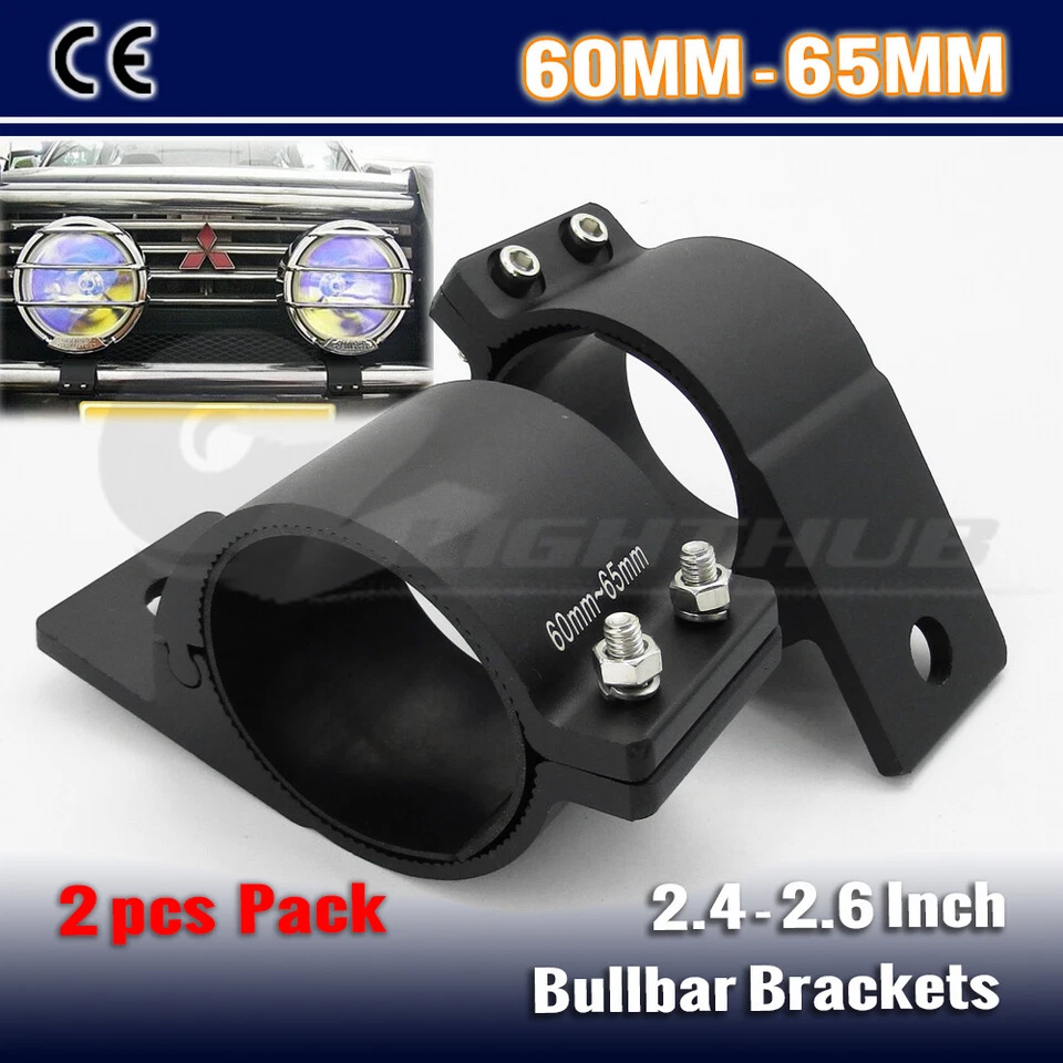 2x 2.5 Inch Black Nudge Bar Mounting Bracket LED Light 60mm-65mm Bull Bar Clamp
