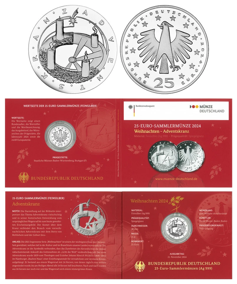 BRD 25 EURO WEIHNACHTEN - ADVENTSKRANZ 2024 SILBER POLIERTE PLATTE (PP)