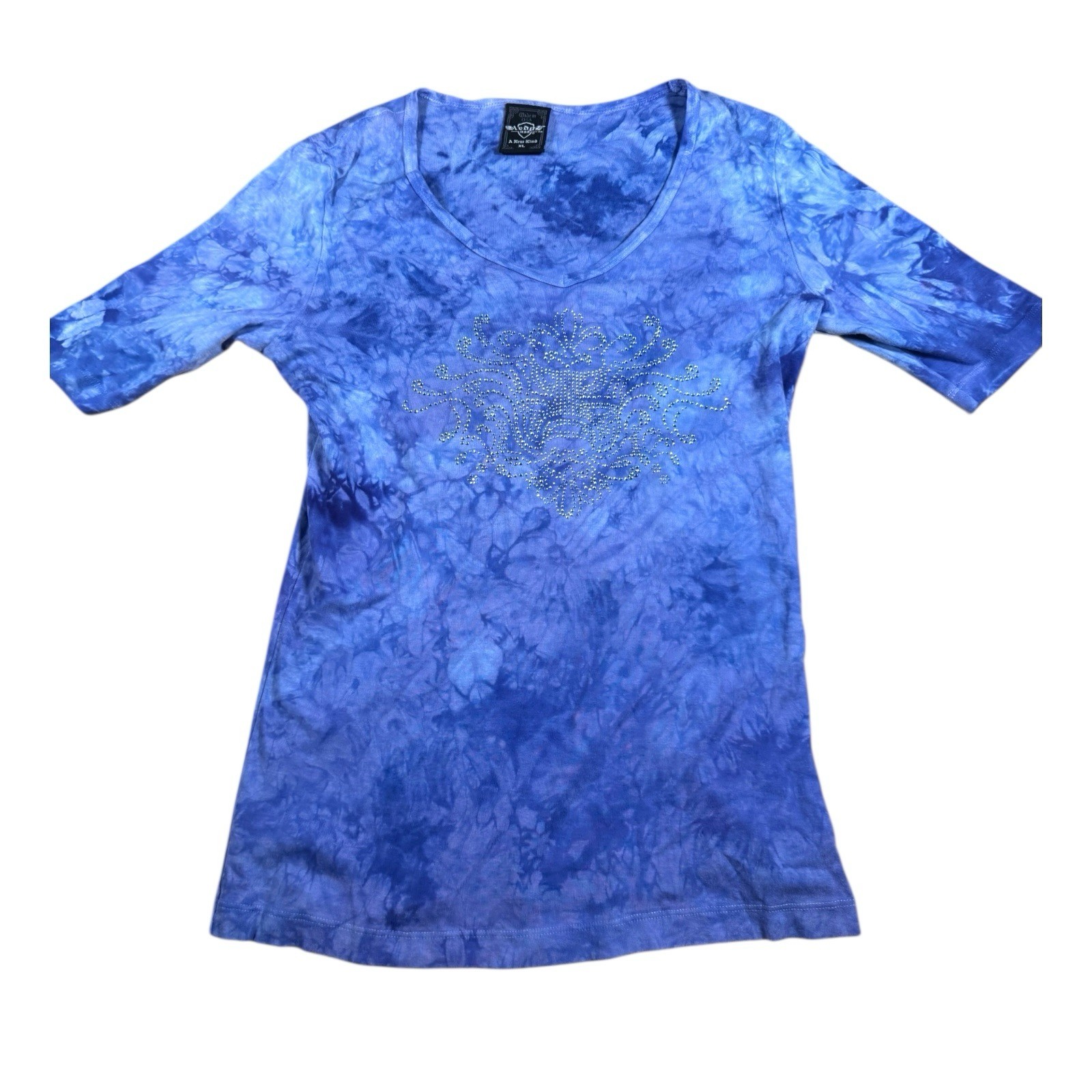 Women’s Baby Tee Blue Tie Dye Rhinestone V Neck Fitted Top XL Made USA Y2K