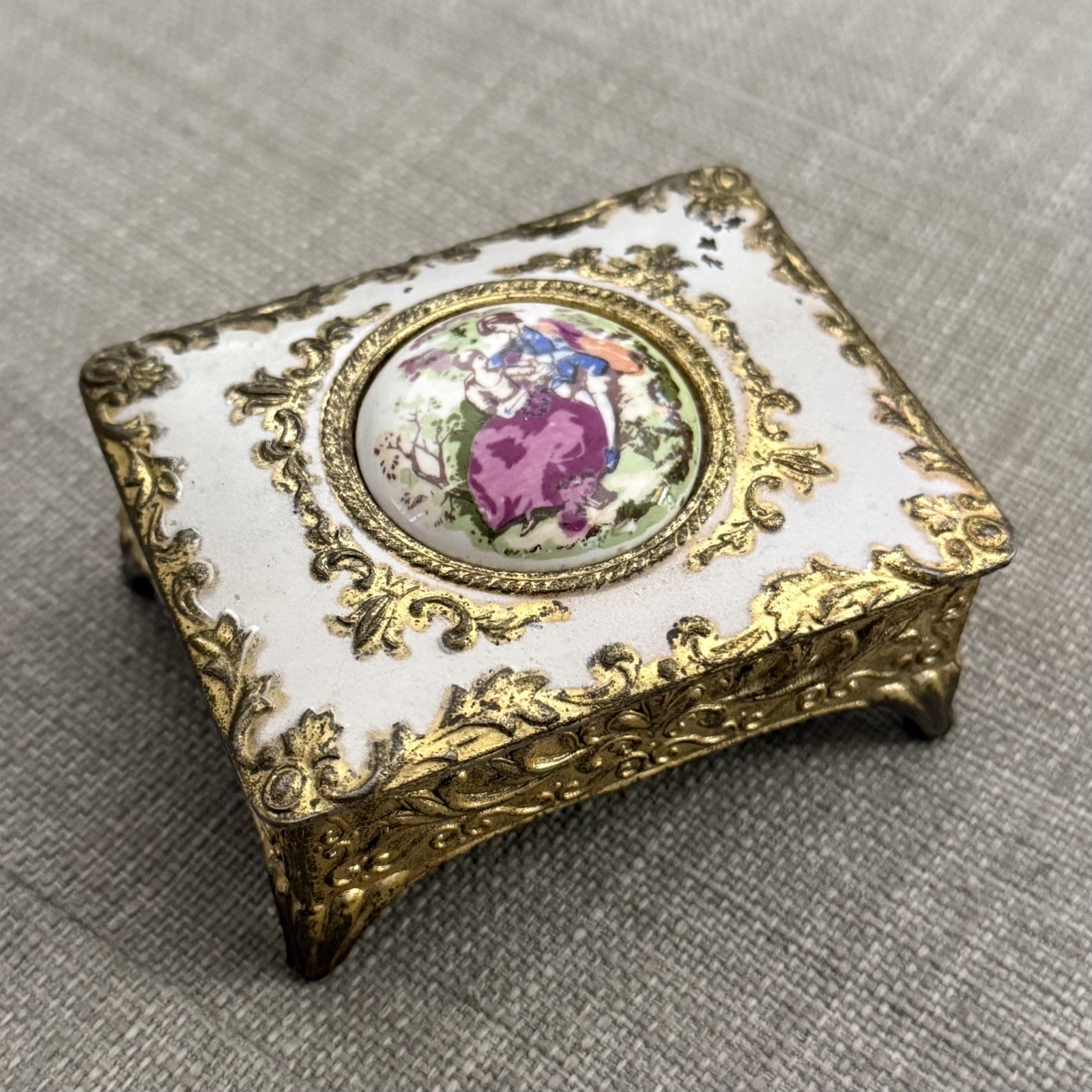 Vintage Courting Couple Gold & Porcelain Victorian Lidded Trinket Box - Japan