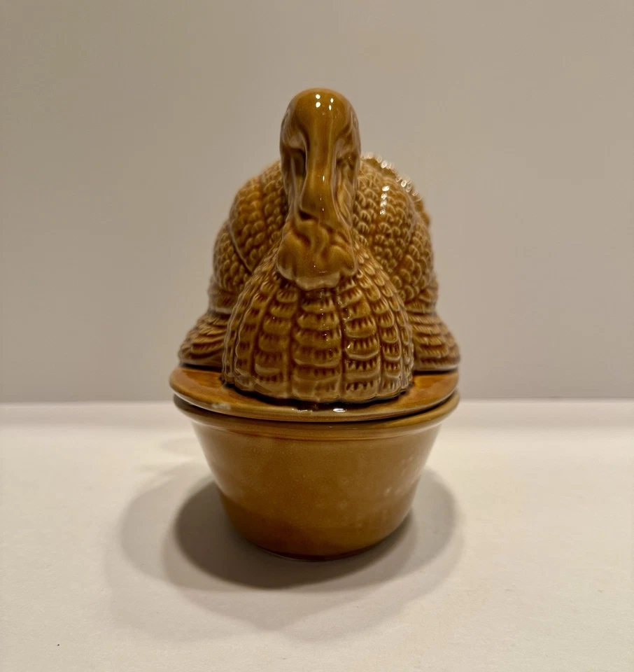 Plato cubierto de cerámica vintage de pavo en nido de acción de gracias caramelo mantequilla servidor 5" Foto 3 de 4