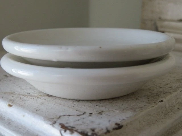 2 Old Vintage ALL WHITE Ironstone BUTTER PATS Thick Chunky Fat BUTTERPATS