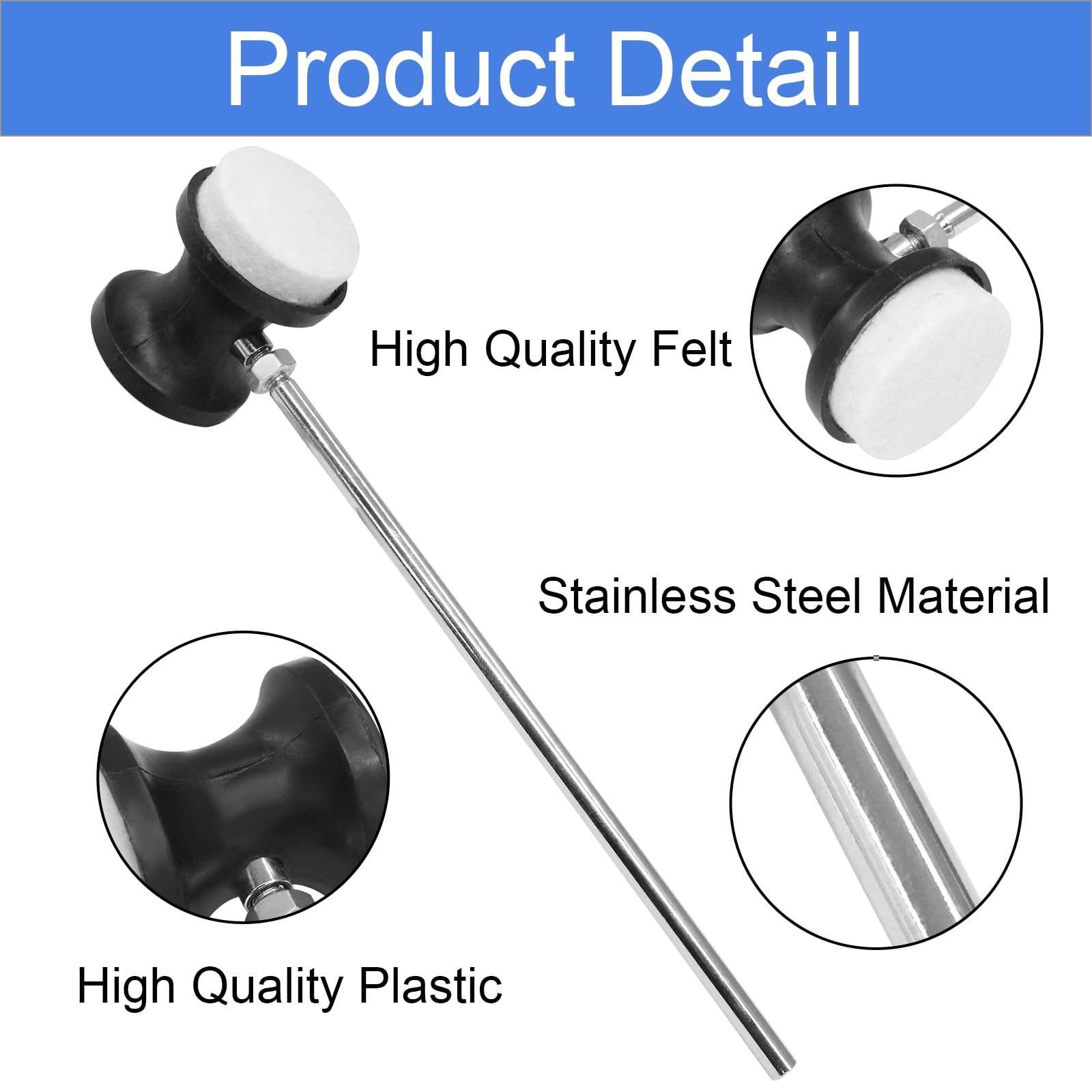 2PCS Black Dual Sided Double Kick Bass Drum Pedal Beater Mallet with Steel Shaft