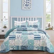 Summer Nautical Ocean Quilt Set Twin Size, Beige Blue Green Beach Coastal The...