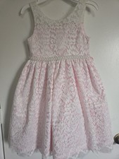 Girls Fit Flare Dress Pink White Lace Knee Length Sleeveless Bow Party Wedding