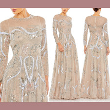 NWT $798 Mac Duggal [ 12 ] 5217 Long Sleeve Embellished Illusion Gown Nude S1193