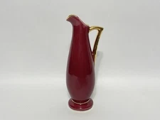 Shawnee Pottery Maroon Red and Gold Pitcher Vase Ewer with Handle, USA