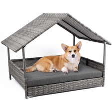 Wicker Dog House With Cushion Lounge Raised Rattan Bed for Indoor Outdoor Gray