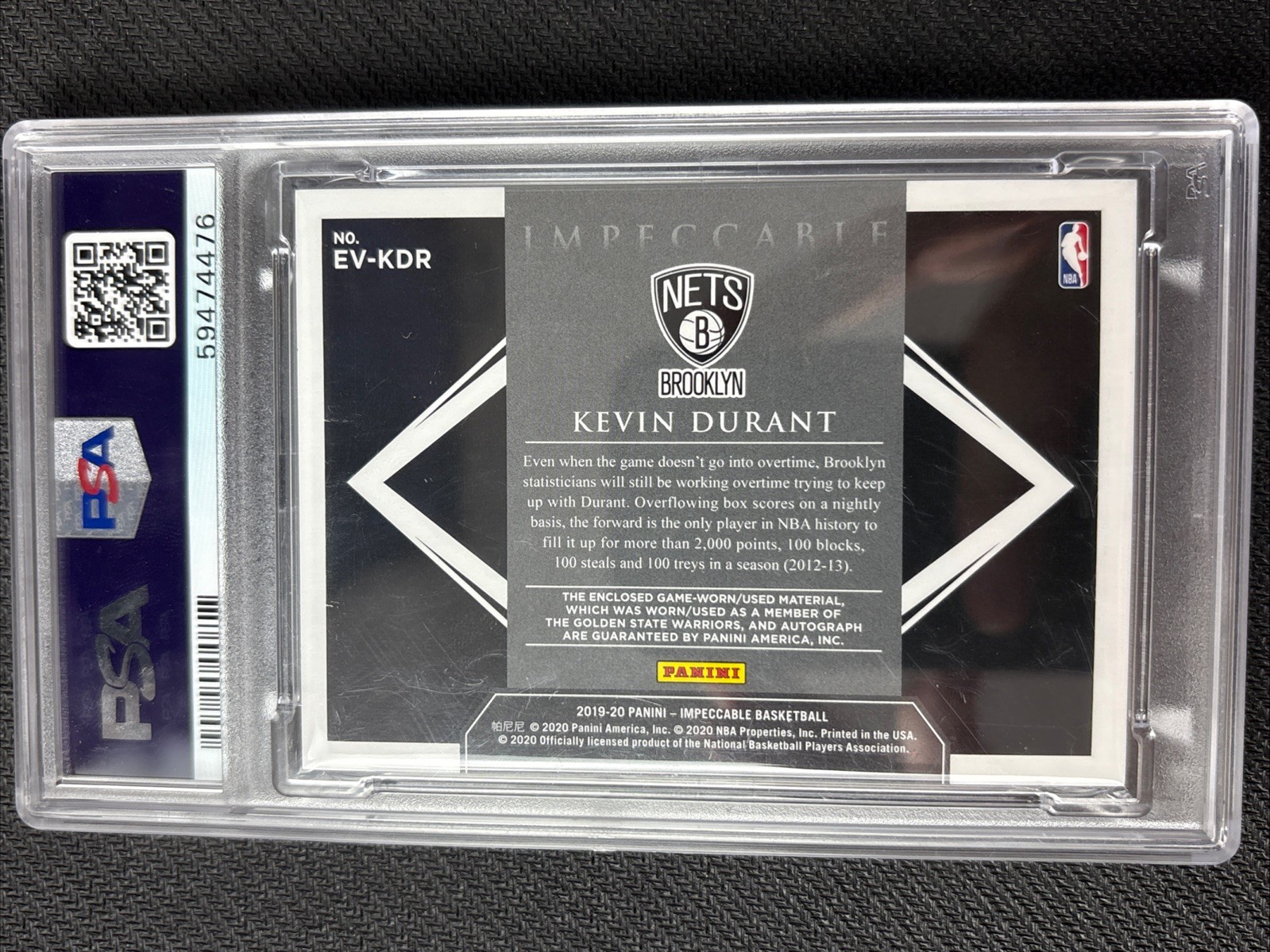 2019-20 Panini Impeccable Elegance Kevin Durant Warriors Patch Auto /3 PSA 8 GLD view 2