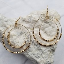 Gold Tone Metal Beaded Double Circle Hoop Earrings