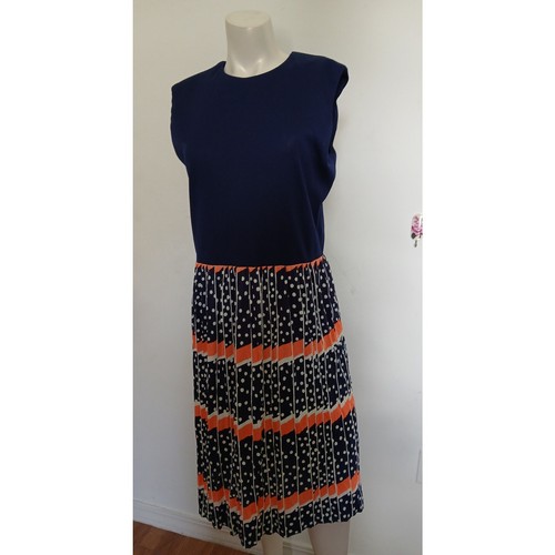 Vintage AVALON Navy Blue Ribbed Knit Bodice Dress 18 Polka Dots Sleeveless - Picture 3 of 7