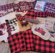 Farmhouse Buffalo Plaid Christmas Lot Stockings Napkins Pillowcase Decor Signs