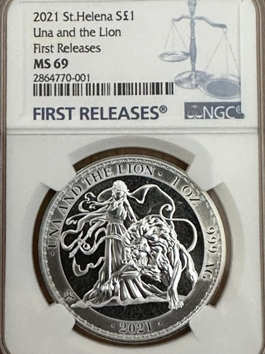 2021 UK St Helena Una and Lion 1 oz Silver MS69 NGC First Release MILK SPOTS