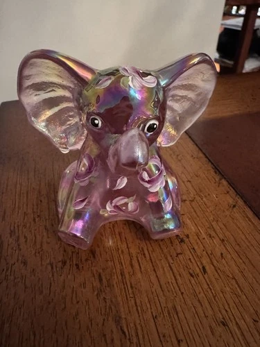 FENTON Art Glass iridescent Pink Hand Painted Floral Elephant Figurine Signed