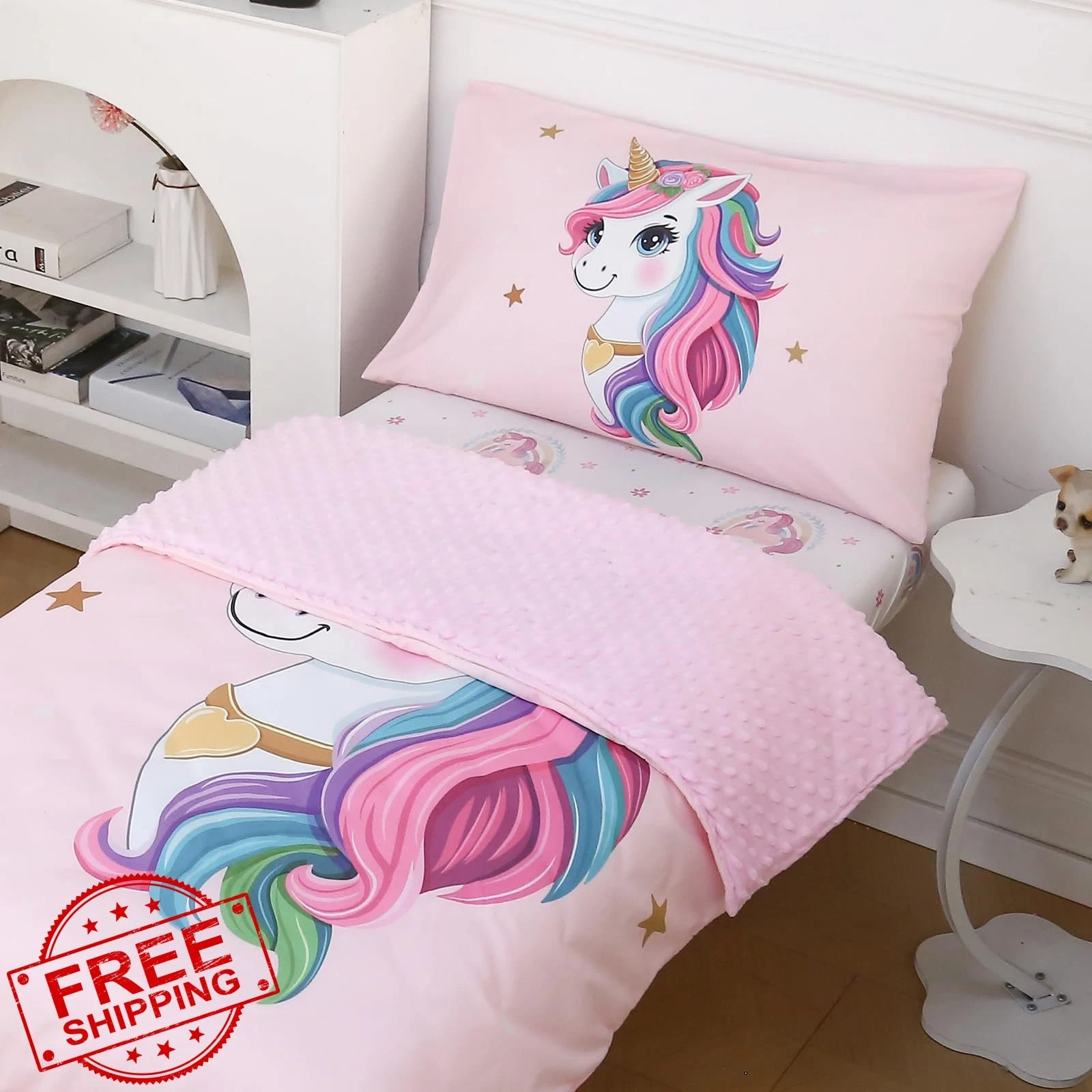 Dormlony Pink Unicorn Toddler Bedding Set 4 Pc