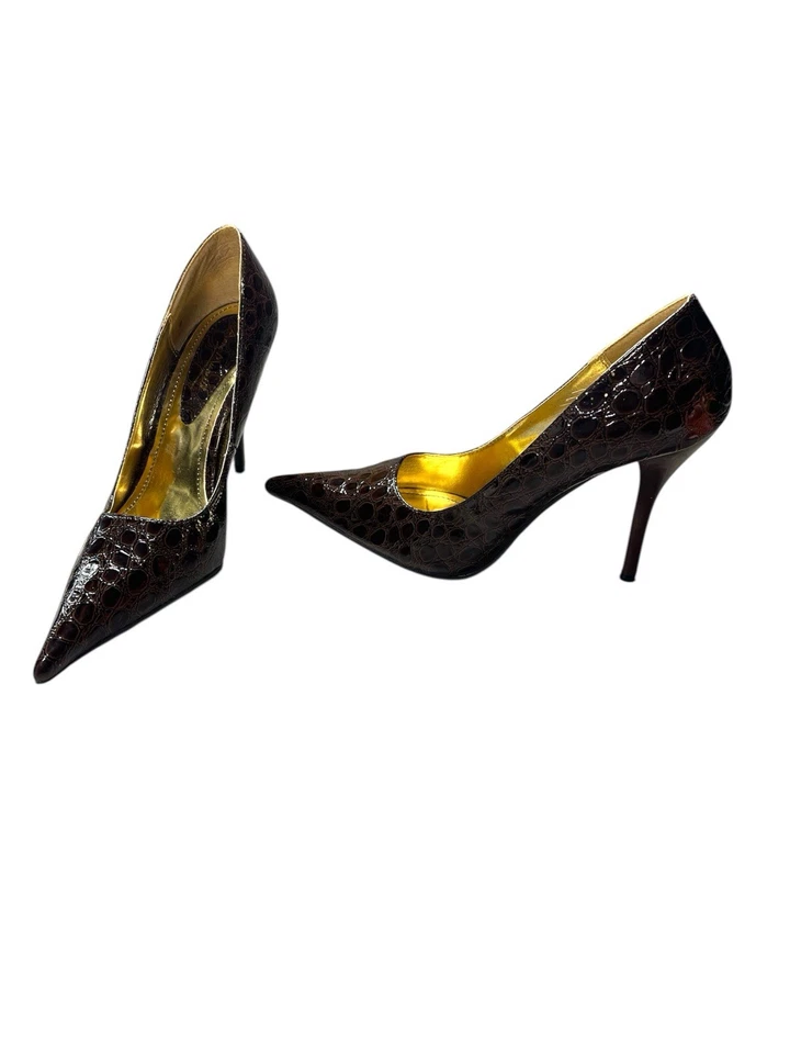 Tacones de cuero Anne Michelle marrón con patrón de cocodrilo Wms talla 9B hechos en Italia Foto 4 de 4