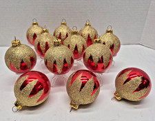 12 Vintage Christmas Tree Ball Ornament Red Gold Glitter Snow Cap Bauble Glass