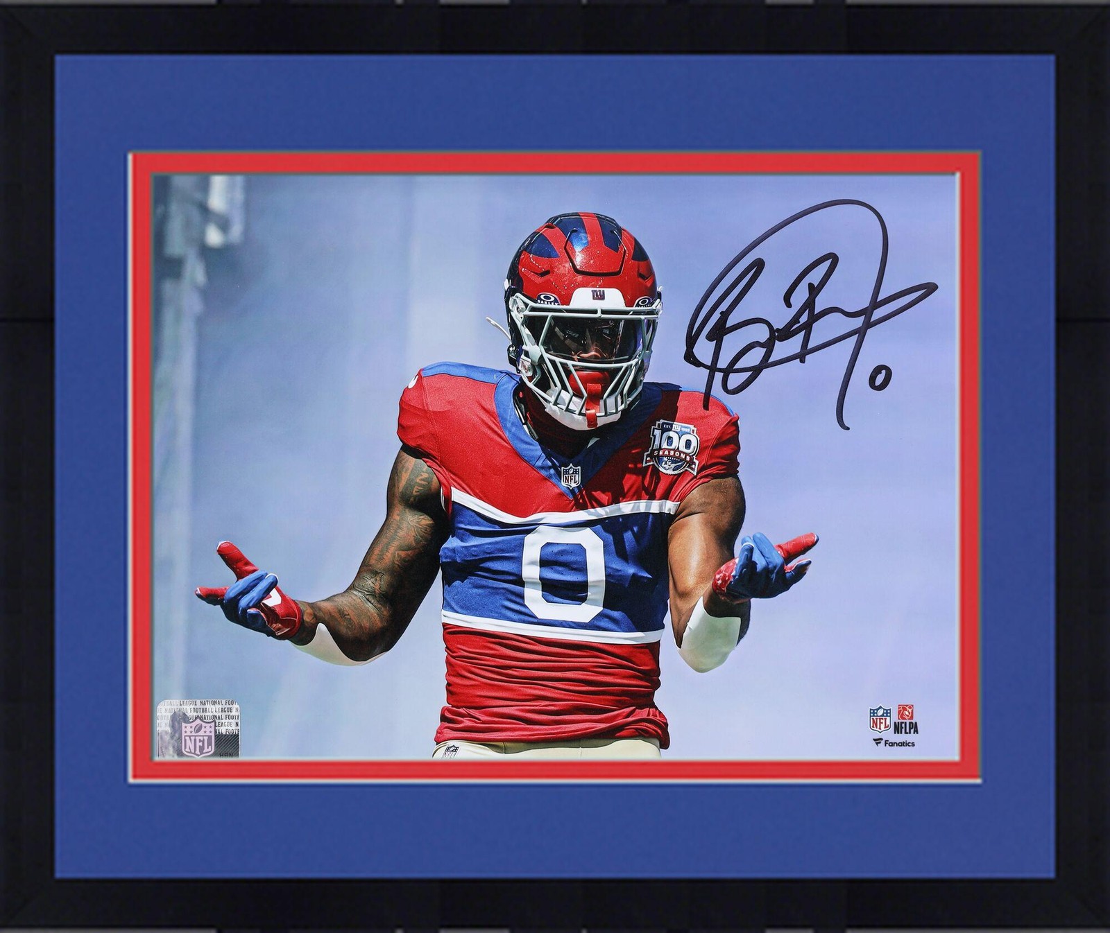 Framed Brian Burns New York Giants Signed 8x10 Pose in Anniversary Uniform Photo