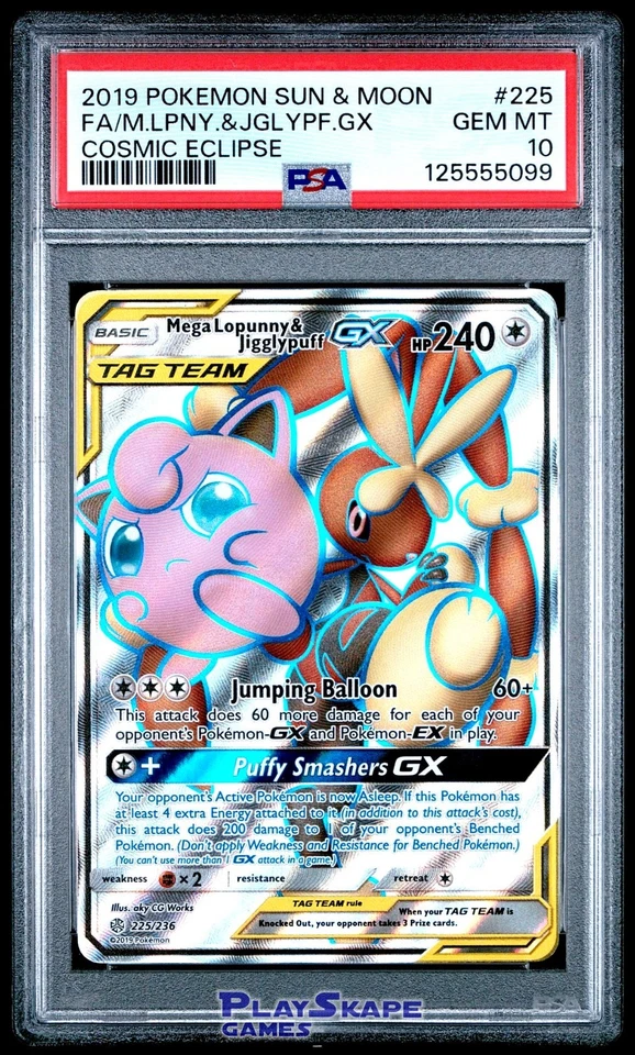 Pokemon Card PSA 10 Mega Lopunny & Jigglypuff GX 225/236 Cosmic Eclipse FA 2019