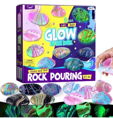 Glow in the Dark Rock Painting Kids Art Craft Kit w/ 10 Stones + Supplies Sealed